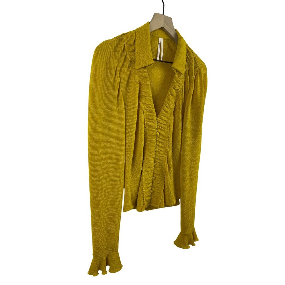 Anthropologie Women's Small Mustard Yellow Collared Flounce Sleeve Button Blouse - Picture 4 of 10